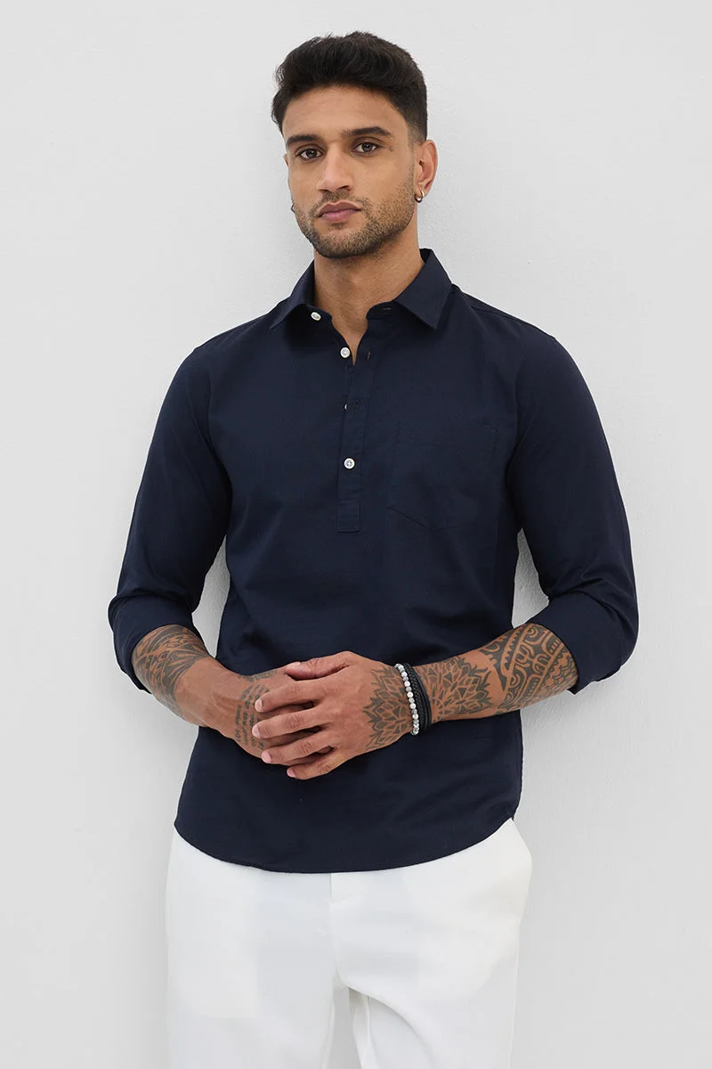 سنيتش Navy Solid Long Sleeve Slim Fit Shirt