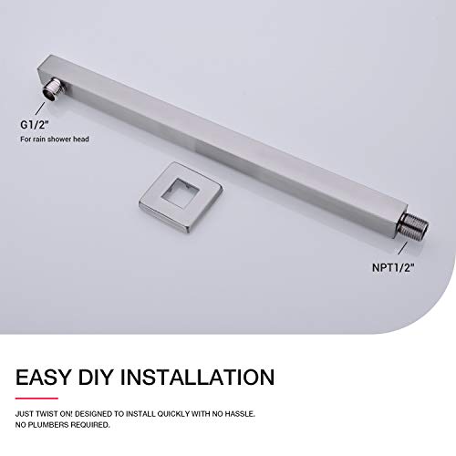 TRUSTMI Square Shower Arm with Flange Heavy Duty Stainless Steel Rainfall Shower Head Extension Pipe, Bathroom Wall Mounted 16 Inch Extender Arm, Brushed Nickel - Image 5