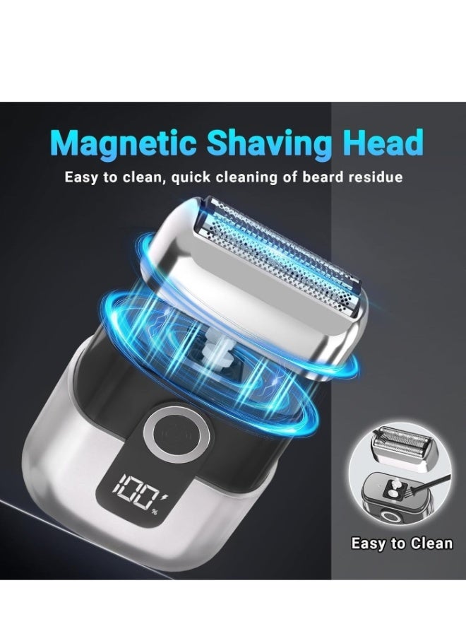 BABONA Mini Electric Shaver for Men Portable Foil Razor, USB-C Rechargeable Wet & Dry Beard Trimmer with Magnetic Head, IPX7 Waterproof Travel Grooming Razor with LED Display (Silver) - Image 5