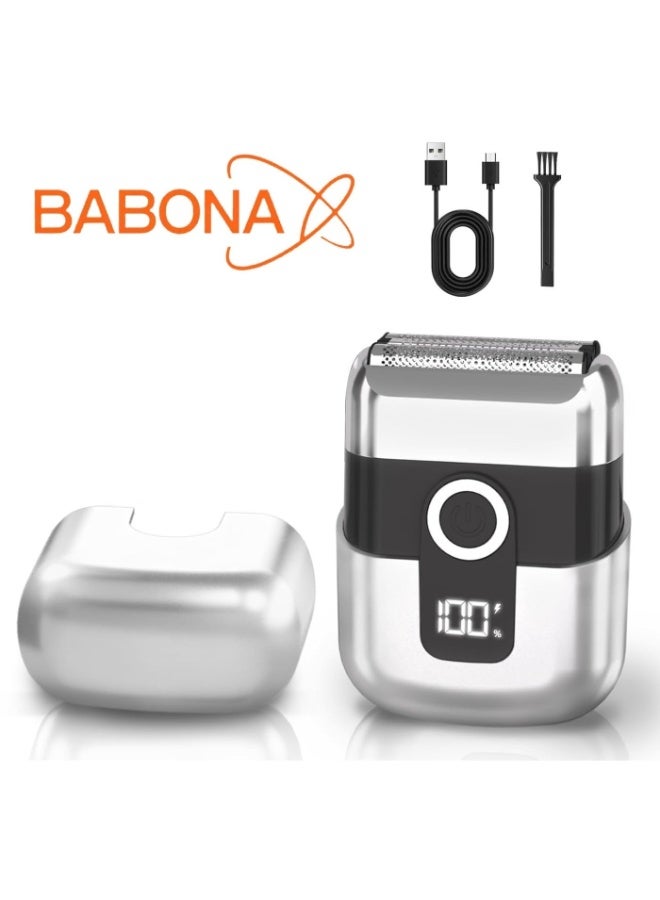 BABONA Mini Electric Shaver for Men Portable Foil Razor, USB-C Rechargeable Wet & Dry Beard Trimmer with Magnetic Head, IPX7 Waterproof Travel Grooming Razor with LED Display (Silver) - Image 1