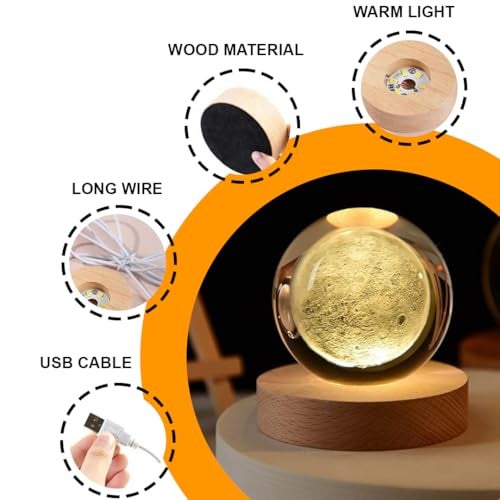 fizzytech 3D Crystal Moon Lamp – Engraved Crystal Ball LED Night Light with Wooden Base, USB Powered, Ideal for Home & Office Décor, Birthday Gift for Adults (Warm White) - Image 3