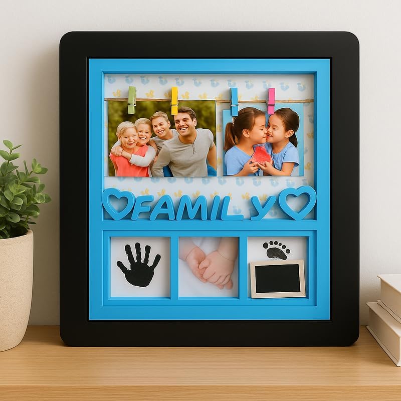 Fitto Baby Boy Photo Frame with Black Frame and Blue Border, 4 Photo Slots, Nursery Decor