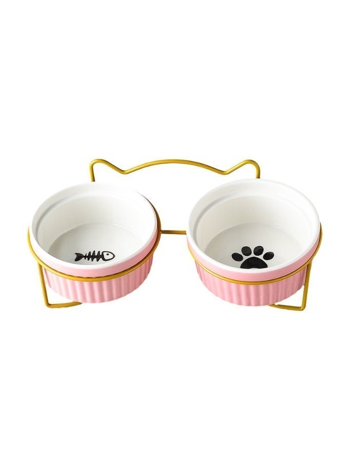 Oldzhan kitten, baby cat, cat bowl, iron frame ceramic double bowl, diagonal mouth pet bowl, protective neck, striped cat food bowl, cat food bowl, drinking bowl (set) - Image 2