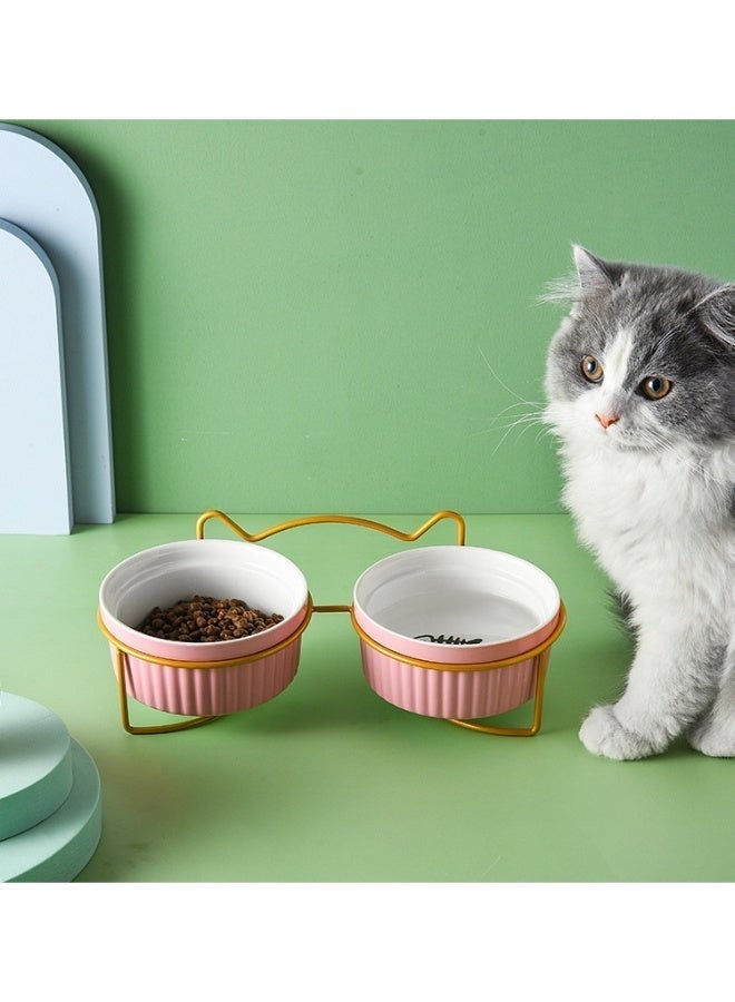 Oldzhan kitten, baby cat, cat bowl, iron frame ceramic double bowl, diagonal mouth pet bowl, protective neck, striped cat food bowl, cat food bowl, drinking bowl (set) - Image 1
