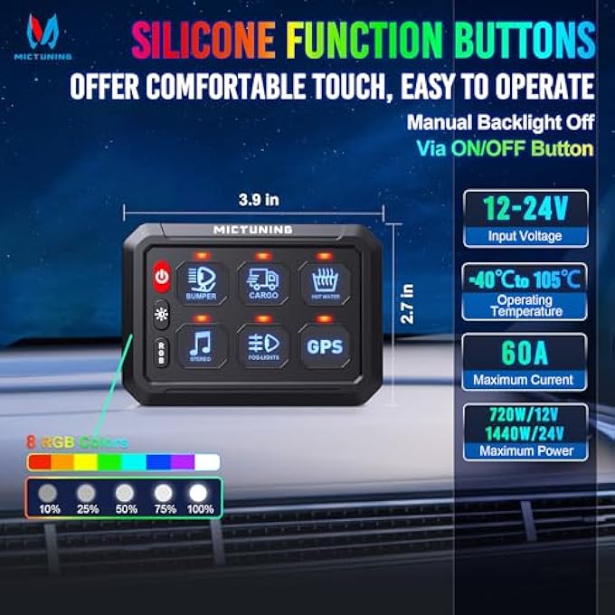 ميكتونينغ لوحة مفاتيح P1S RGB 6Gang مع تبديل الإضاءة الخلفية وأوضاع الستروب اللحظية وصندوق التحكم في مرحل السطوع بخمسة مستويات للشاحنات والمركبات البحرية ونظام الدوائر المتعددة الوظائف للطرق الوعرة بتصميم أنيق - Image 2