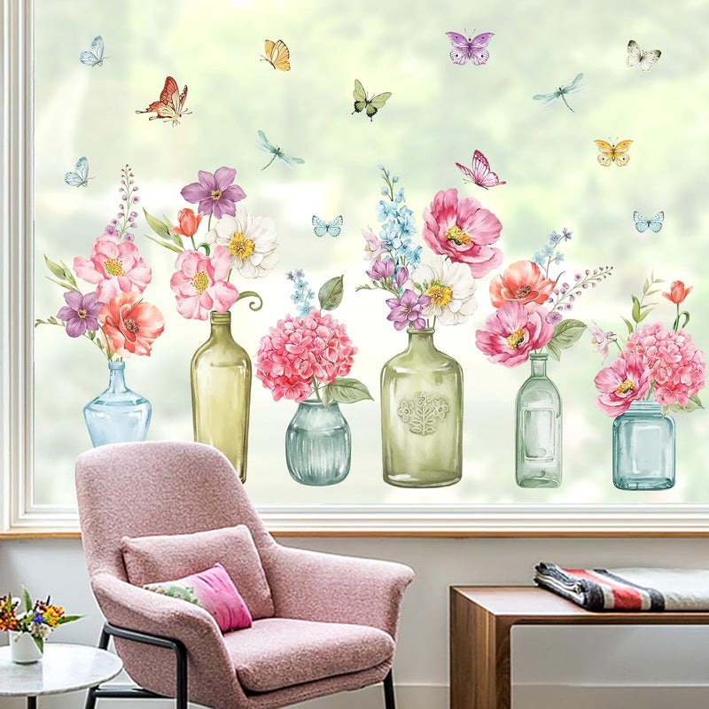 wondever Window Stickers Pink Flowers Vase Anti-collision Stickers Butterfly Double-Sided Window Decoration for Glass - Image 1
