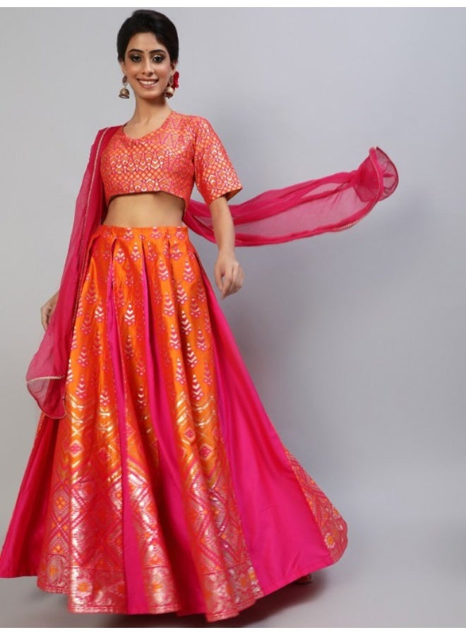 AKS Pink & Orange Brocade Zari Work Lehenga Choli With Dupatta Set - Image 1