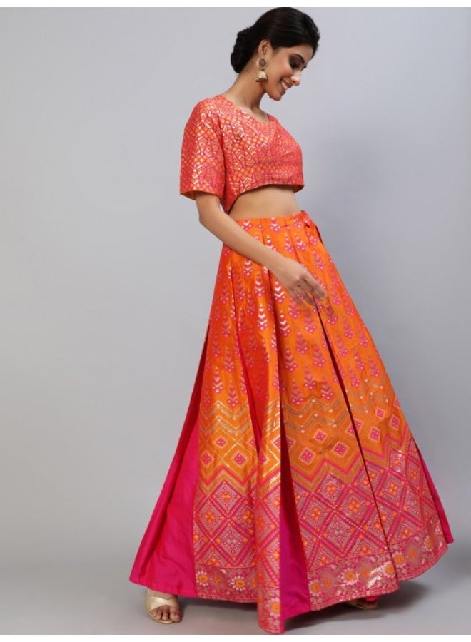 AKS Pink & Orange Brocade Zari Work Lehenga Choli With Dupatta Set - Image 4