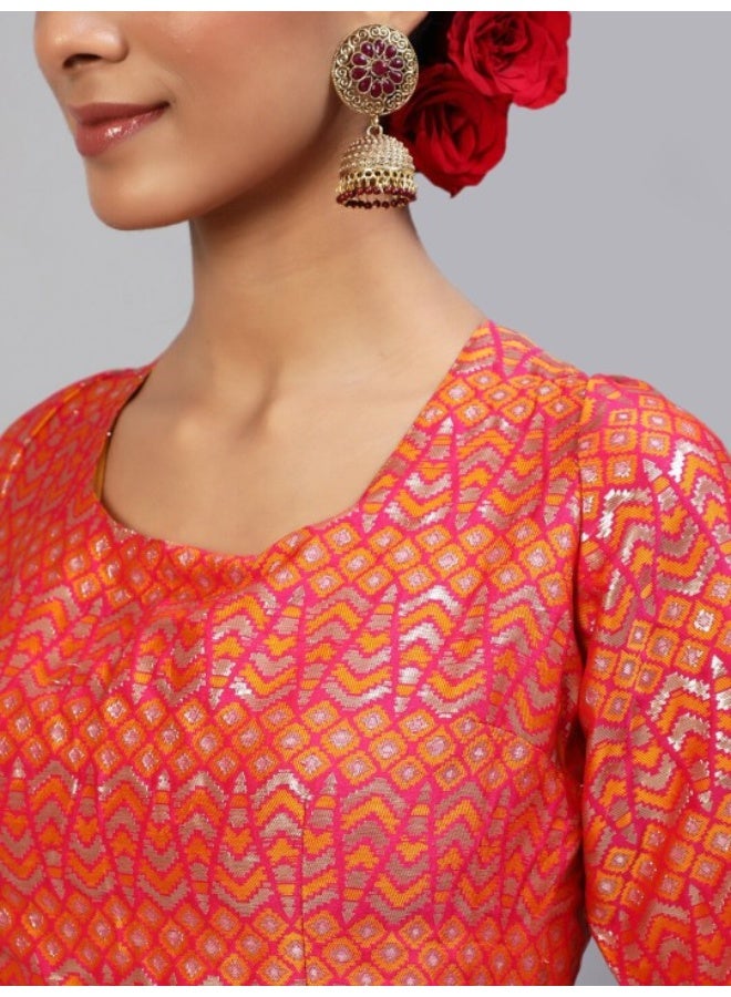 AKS Pink & Orange Brocade Zari Work Lehenga Choli With Dupatta Set - Image 2