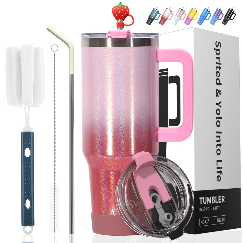 WATERSY 40 oz Shiny Tumbler with Handle and Straw,Stainless Steel Tumbler with Lid and Straw,Insulated Travel Mug(Cold for 34 Hours),Water Bottle for Iced Tea,Coffee (Red) - Image 1