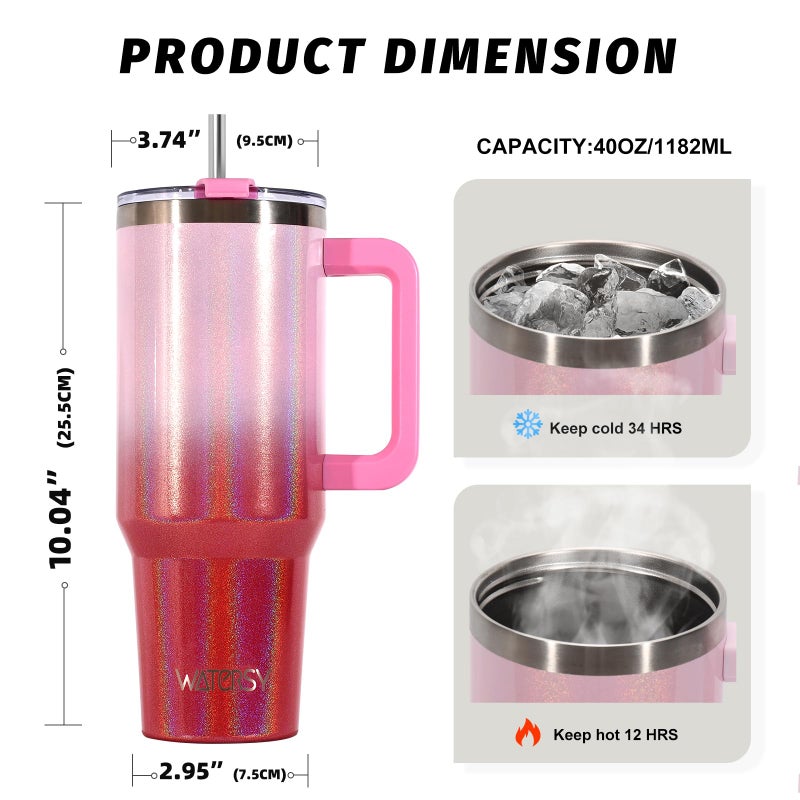 WATERSY 40 oz Shiny Tumbler with Handle and Straw,Stainless Steel Tumbler with Lid and Straw,Insulated Travel Mug(Cold for 34 Hours),Water Bottle for Iced Tea,Coffee (Red) - Image 2