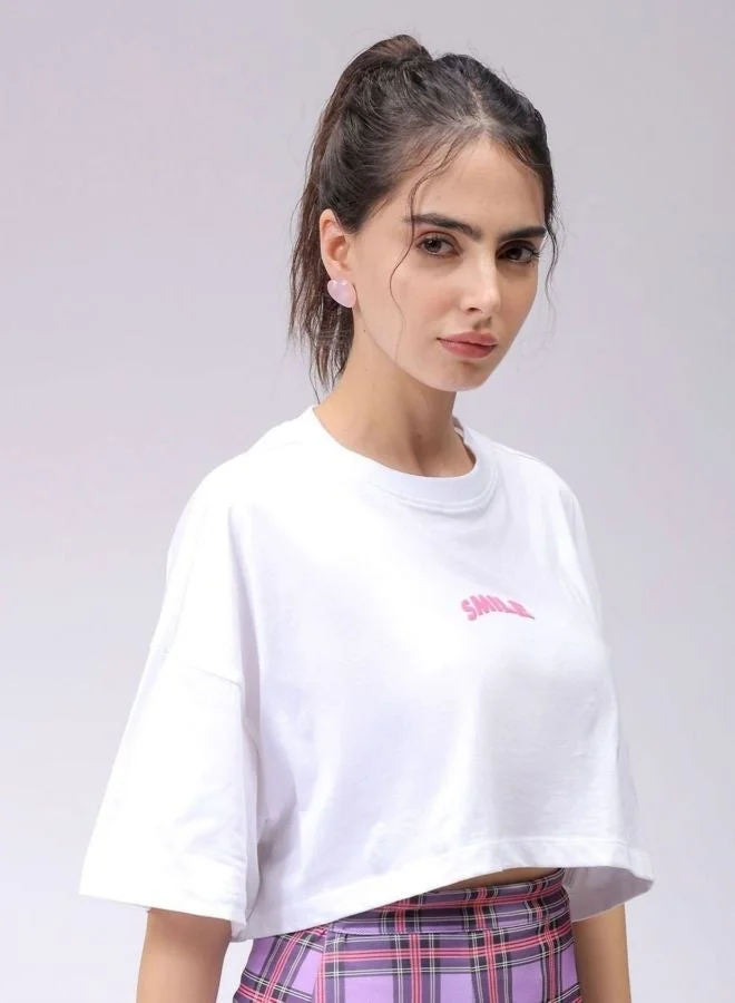 Freehand Women Boxy Fit Solid Crew Neck Short Sleeve Cropped T-Shirt