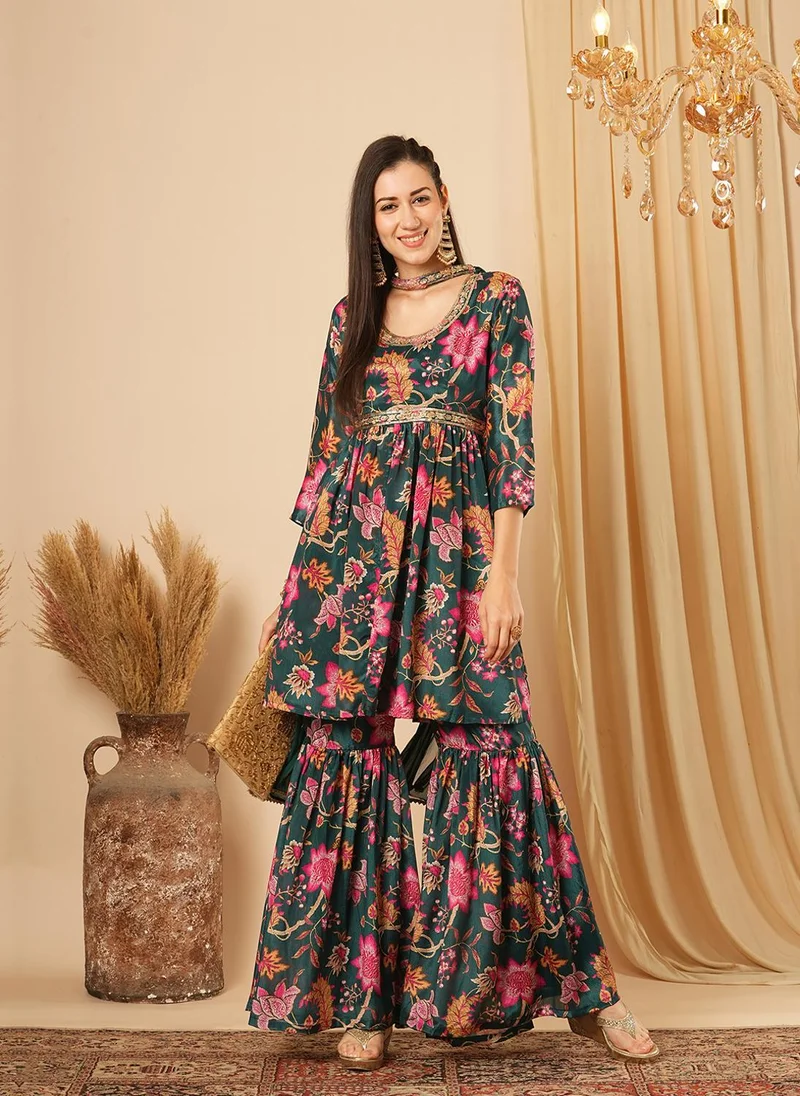 Globus Women's Green Floral Co Ord Set with Embroidered Pleated Design and Sharara