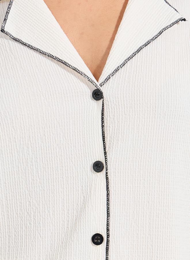 Styli Rib Contrast Edge Ruffle Sleeve Shirt & Pyjama Set  - Image 3
