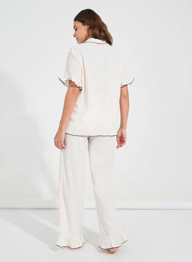 Styli Rib Contrast Edge Ruffle Sleeve Shirt & Pyjama Set  - Image 5