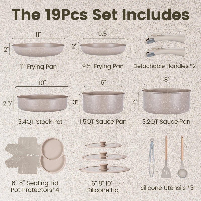 Chef Power Ceramic Nonstick Pots and Pans Set 19 Piece with Detachable Handle, Induction Dishwasher Oven Safe Cookware Set, RV Kitchen Set Removable Handle, Mocca Taupe - Image 2