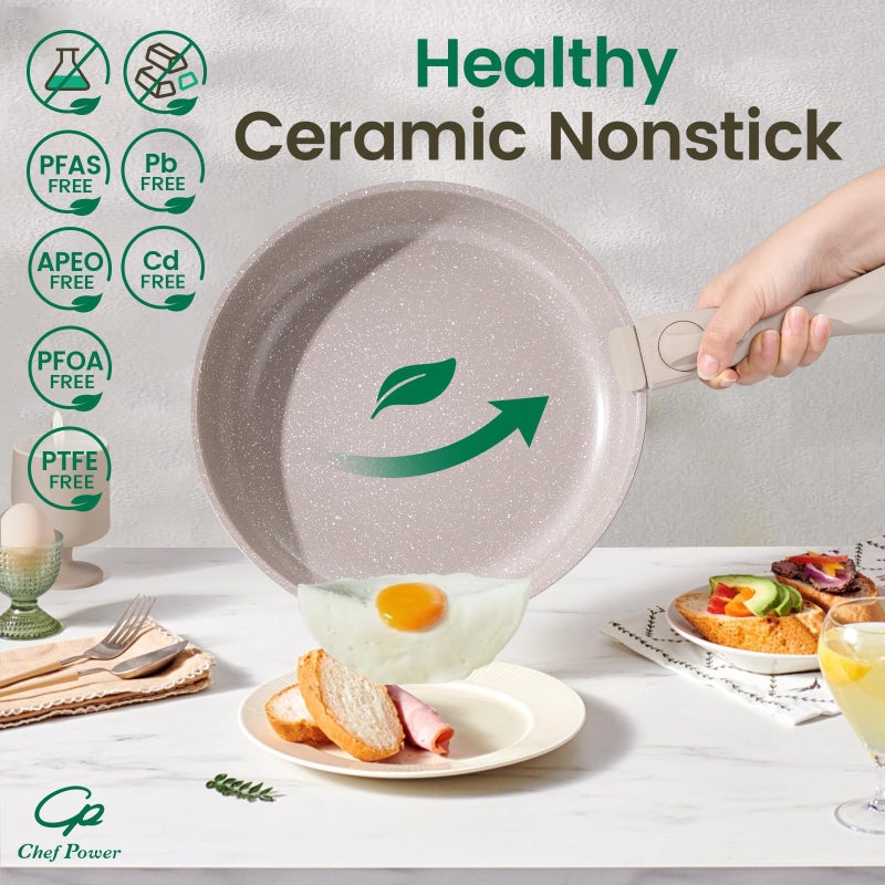 Chef Power Ceramic Nonstick Pots and Pans Set 19 Piece with Detachable Handle, Induction Dishwasher Oven Safe Cookware Set, RV Kitchen Set Removable Handle, Mocca Taupe - Image 4