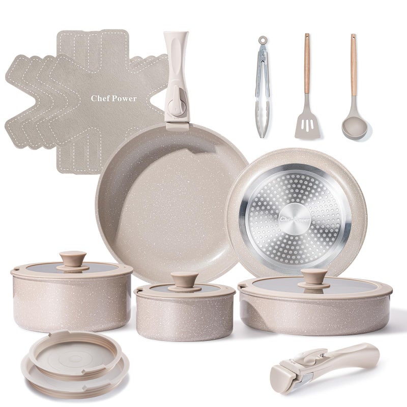 Chef Power Ceramic Nonstick Pots and Pans Set 19 Piece with Detachable Handle, Induction Dishwasher Oven Safe Cookware Set, RV Kitchen Set Removable Handle, Mocca Taupe - Image 1