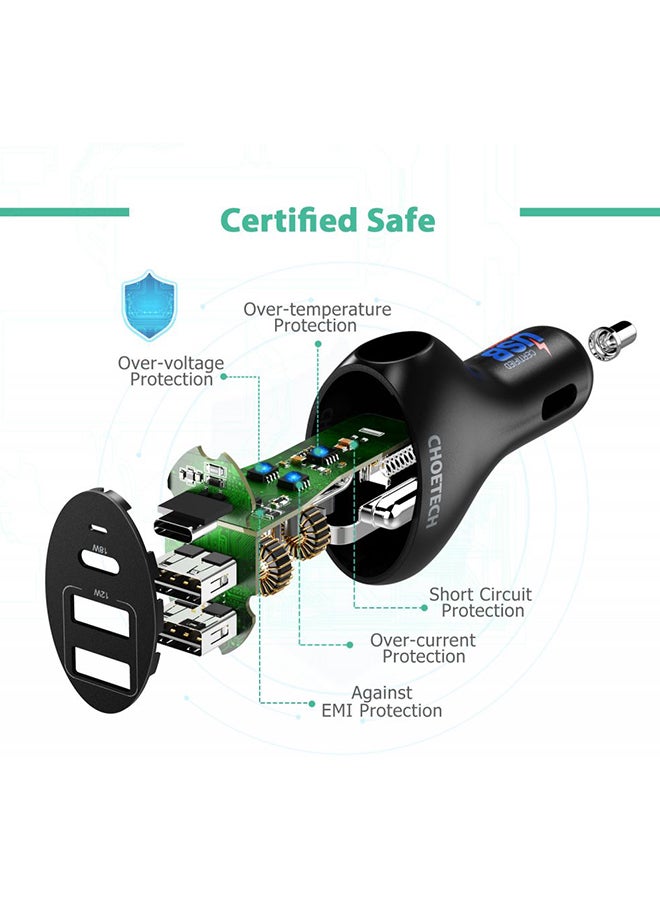 CHOETECH 3-Port USB Type C Car Charger Black - Image 4