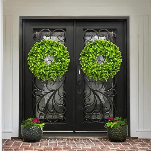SEVENLOVE 22“ Boxwood Wreath for Front Door,Spring ，Summer All Season Wreaths, Farmhouse Door Wreath Outdoor Indoor for All Seasons Decor - Image 5