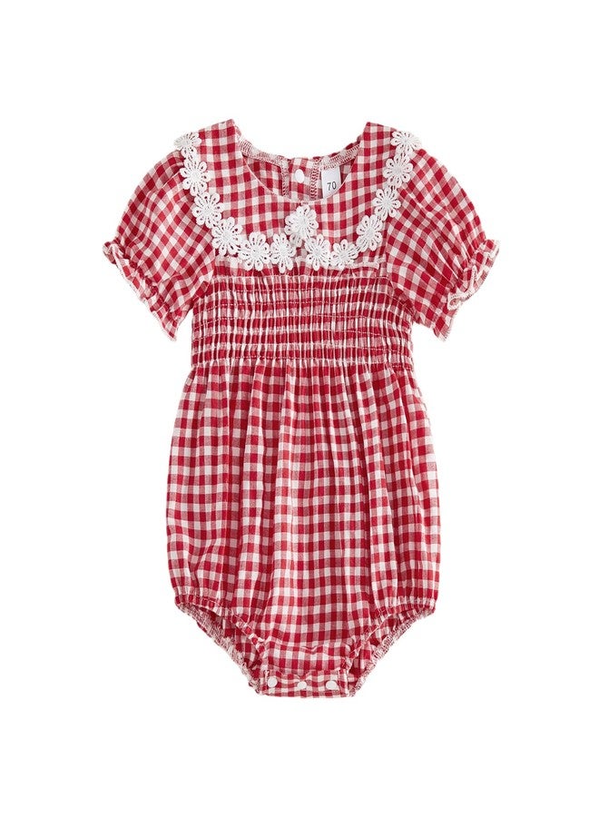 MERSARIPHY Newborn Baby Girl Summer Clothes Peter Pan Collar Plaid Flower Smocked Bubble Short Sleeve Romper One Piece Outfit (Red, 0-3 Months) - Image 1