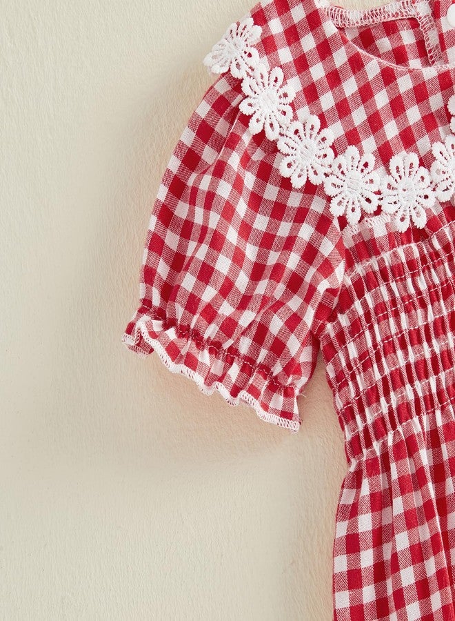 MERSARIPHY Newborn Baby Girl Summer Clothes Peter Pan Collar Plaid Flower Smocked Bubble Short Sleeve Romper One Piece Outfit (Red, 0-3 Months) - Image 5