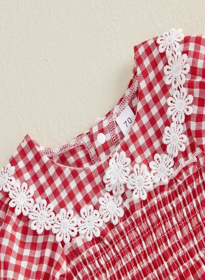MERSARIPHY Newborn Baby Girl Summer Clothes Peter Pan Collar Plaid Flower Smocked Bubble Short Sleeve Romper One Piece Outfit (Red, 0-3 Months) - Image 4