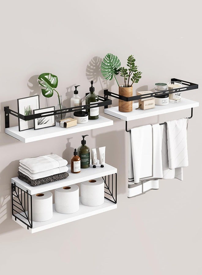CozyNest 4Pcs Floating Wall Shelves, Solid Wood and Iron Wall-Mounted Storage Racks with Leaf-Shaped Metal Mesh & Towel Bar, Multi-Tier Rustic Natural Wood Design for Bathroom, Kitchen, Bedroom, Laundry & Living Room  - Image 1