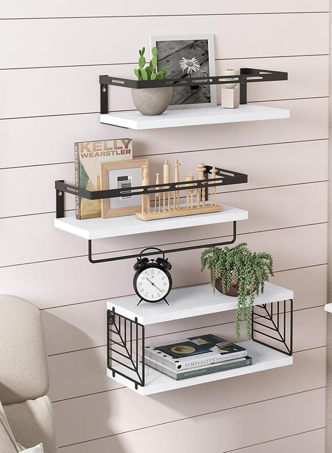 CozyNest 4Pcs Floating Wall Shelves, Solid Wood and Iron Wall-Mounted Storage Racks with Leaf-Shaped Metal Mesh & Towel Bar, Multi-Tier Rustic Natural Wood Design for Bathroom, Kitchen, Bedroom, Laundry & Living Room  - Image 2