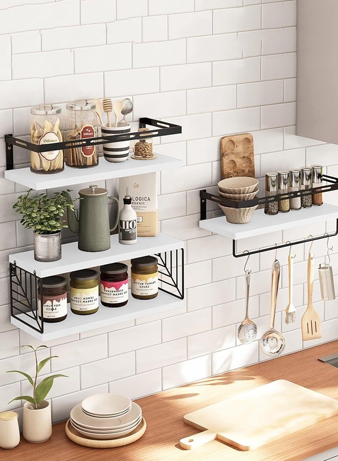 CozyNest 4Pcs Floating Wall Shelves, Solid Wood and Iron Wall-Mounted Storage Racks with Leaf-Shaped Metal Mesh & Towel Bar, Multi-Tier Rustic Natural Wood Design for Bathroom, Kitchen, Bedroom, Laundry & Living Room  - Image 4