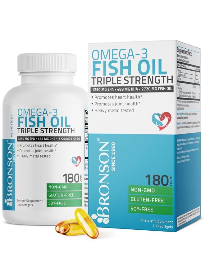 Bronson Omega 3 Fish Oil Triple Strength 2720 mg, High EPA 1250 mg DHA 488 mg, Non-GMO Heavy Metal Tested, 180 Softgels - Image 1
