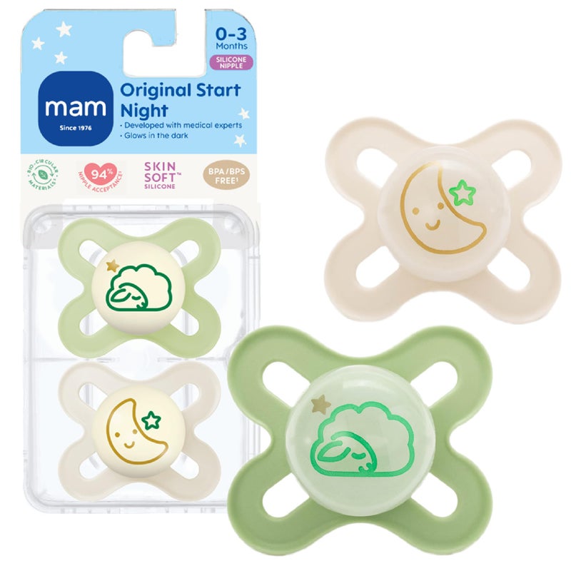 MAM Original Start Night Baby Pacifiers 0-3 Months Newborns, BPA-Free Skin Soft Silicone Nipple, Glows in The Dark, Developed with Medical Experts, 2 Count with Sterilizer Case - Image 1