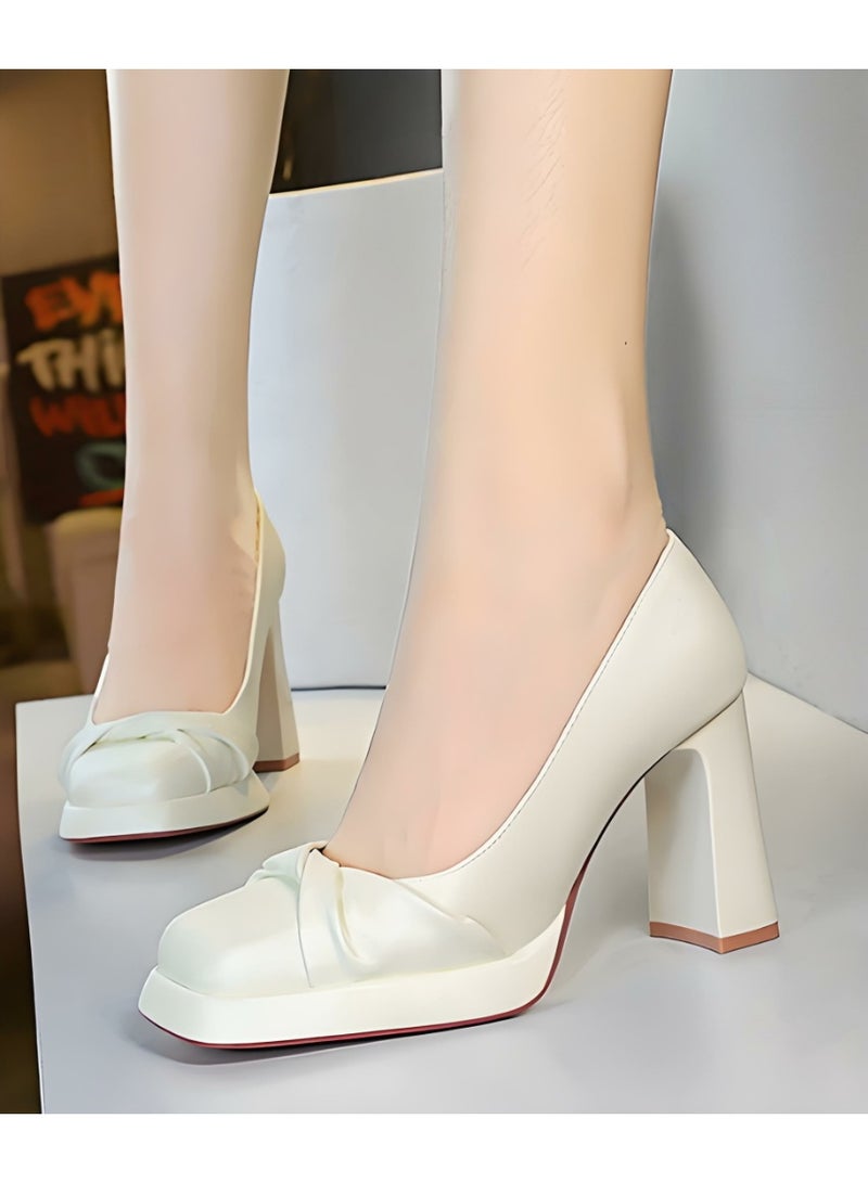 بيج تري منصة المرأة الكعب العالي مربع مغلق إصبع القدم مضخات أبيض 9.5CM - Image 3