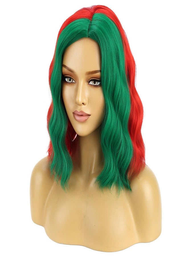 BERON Christmas Short Curly Wavy Wig for Women Girls Red and Green Side Part Costume Heat Resistant Synthetic Wig for Cosplay Party or Daily - Image 1