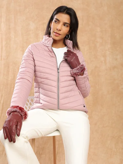 globus Globus Women Pink Mock Neck Front Zip 2 Pockets Winter Wear Insulator Puffer Jacket