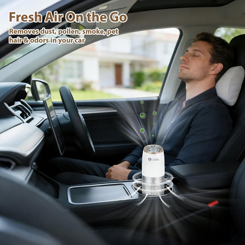 Aucleia Mini Portable Air Purifier with True H13 HEPA Filter, Car Air Freshener, Car Air Purifier for Travel and Office to Remove Pet Odor Smoke Dust and Pollen, Aromatherapy Function (White) - Image 1