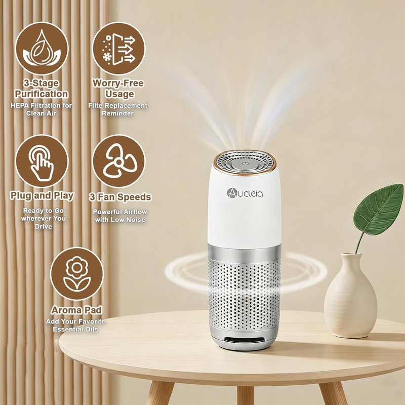 Aucleia Mini Portable Air Purifier with True H13 HEPA Filter, Car Air Freshener, Car Air Purifier for Travel and Office to Remove Pet Odor Smoke Dust and Pollen, Aromatherapy Function (White) - Image 2