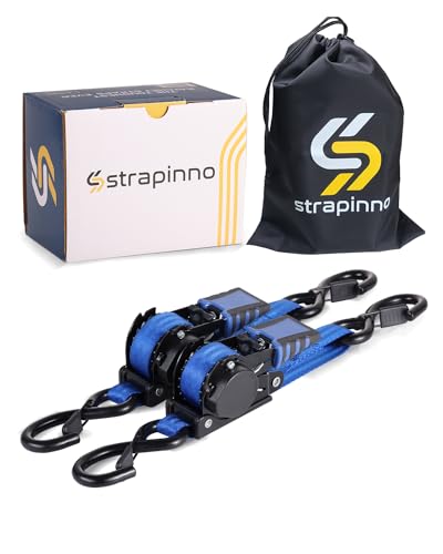 Strapinno Retractable Ratchet Straps - 1 in x 4 ft Heavy Duty Adjustable Boat Transom Tie Down, 2PCS, 2400lbs Breaking Strength, Safety S Hooks, for Boat, Jetski, Seadoo, Waverunner, and PWCs (Blue) - Image 1
