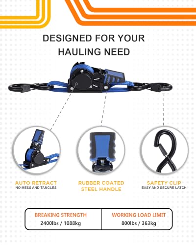 Strapinno Retractable Ratchet Straps - 1 in x 4 ft Heavy Duty Adjustable Boat Transom Tie Down, 2PCS, 2400lbs Breaking Strength, Safety S Hooks, for Boat, Jetski, Seadoo, Waverunner, and PWCs (Blue) - Image 2