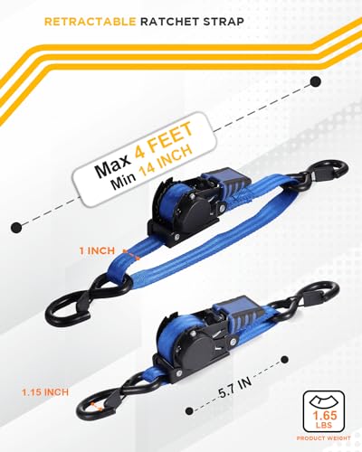 Strapinno Retractable Ratchet Straps - 1 in x 4 ft Heavy Duty Adjustable Boat Transom Tie Down, 2PCS, 2400lbs Breaking Strength, Safety S Hooks, for Boat, Jetski, Seadoo, Waverunner, and PWCs (Blue) - Image 3