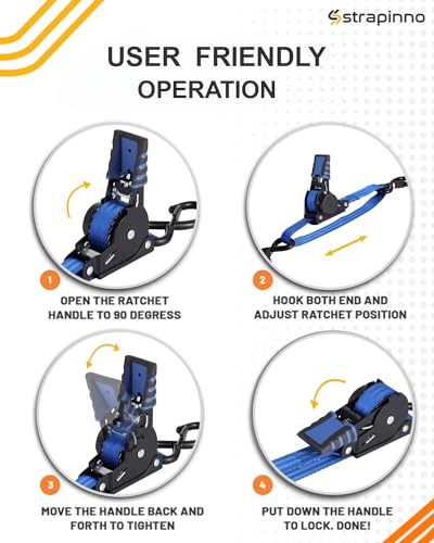 Strapinno Retractable Ratchet Straps - 1 in x 4 ft Heavy Duty Adjustable Boat Transom Tie Down, 2PCS, 2400lbs Breaking Strength, Safety S Hooks, for Boat, Jetski, Seadoo, Waverunner, and PWCs (Blue) - Image 4