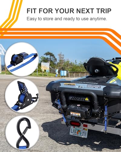 Strapinno Retractable Ratchet Straps - 1 in x 4 ft Heavy Duty Adjustable Boat Transom Tie Down, 2PCS, 2400lbs Breaking Strength, Safety S Hooks, for Boat, Jetski, Seadoo, Waverunner, and PWCs (Blue) - Image 5