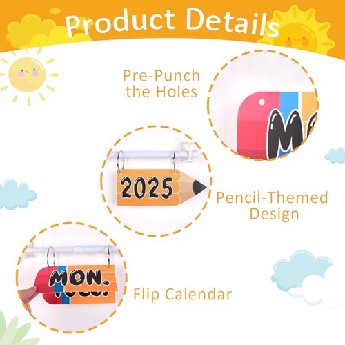 Renbuzhu 102pcs Flip Calendar for Classroom Decor – Pencil-Shaped Bulletin Board Set with Hanging Rod, Date, Birthday Card for Teacher Organization, Back to School - Image 4
