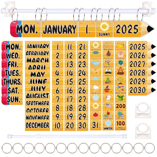 Renbuzhu 102pcs Flip Calendar for Classroom Decor – Pencil-Shaped Bulletin Board Set with Hanging Rod, Date, Birthday Card for Teacher Organization, Back to School - Image 1