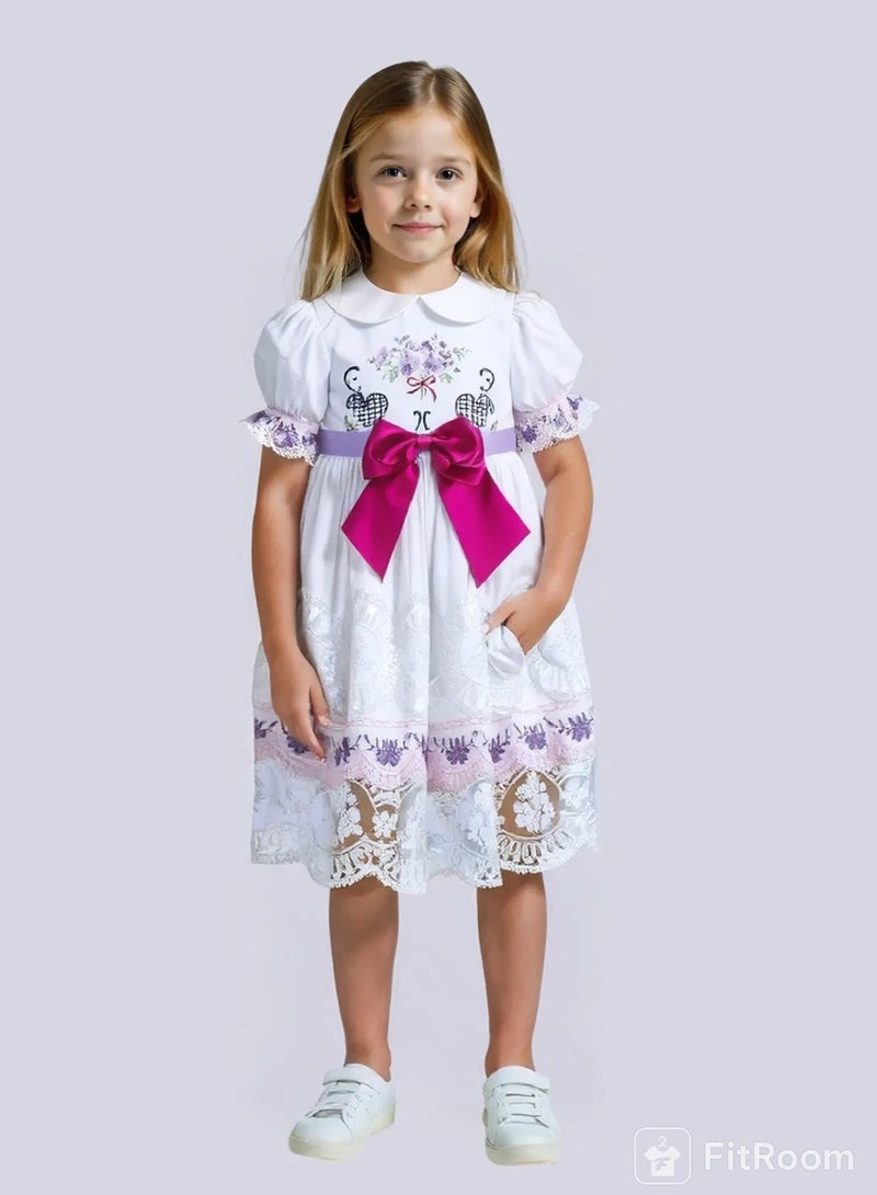 White embroidered dress set with fuchsia bow, puff lantern sleeves and cotton collar  - Image 1