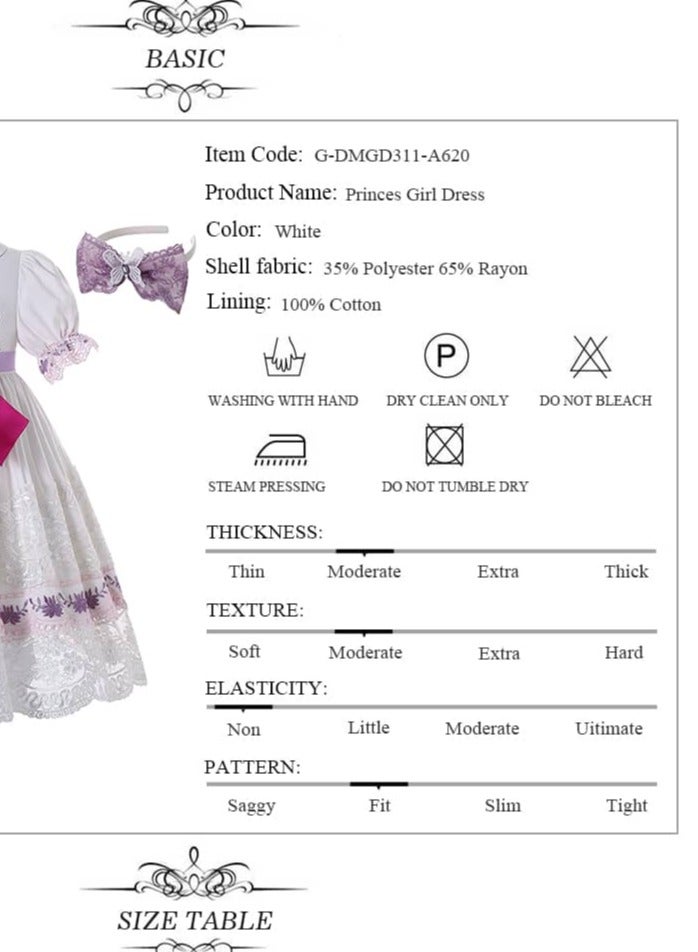 White embroidered dress set with fuchsia bow, puff lantern sleeves and cotton collar  - Image 2