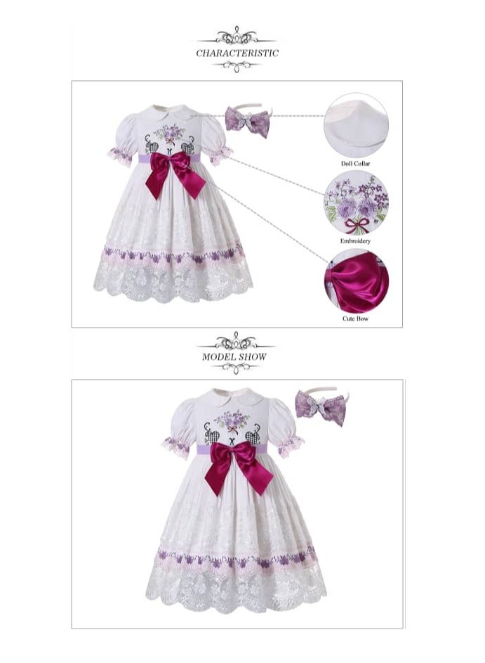 White embroidered dress set with fuchsia bow, puff lantern sleeves and cotton collar  - Image 3