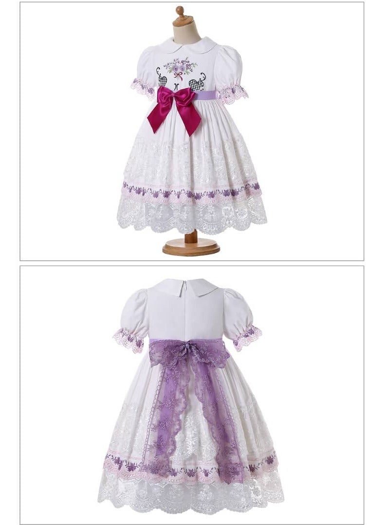 White embroidered dress set with fuchsia bow, puff lantern sleeves and cotton collar  - Image 4