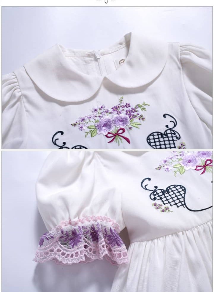 White embroidered dress set with fuchsia bow, puff lantern sleeves and cotton collar  - Image 5