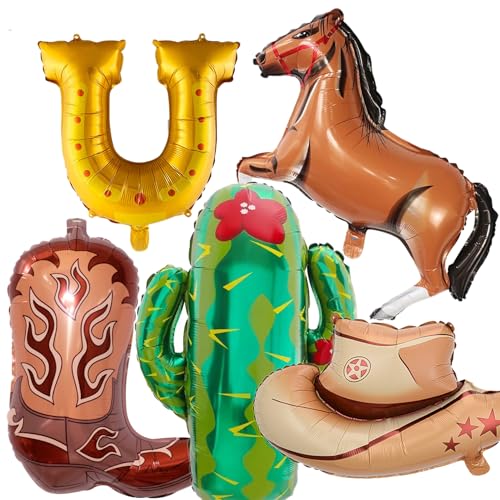 KHC-KHF WesternBalloons CowboyBalloon 5PCS Horse Horseshoe Boot Cowboy Hat Cactus Foil Balloons Western Birthday Party Rodeo Bachelorette Decoration Supply - Image 1